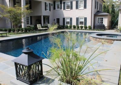 Swimming pool, raised stone spa